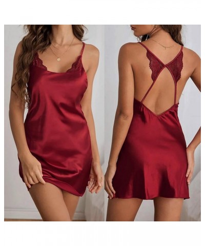 Women's Lingerie, Sleep & Lounge,Sexy Lace Satin Backless Teddy Babydoll Chemise Hollow Out Sling Nighties Wine $8.49 Bodysuits