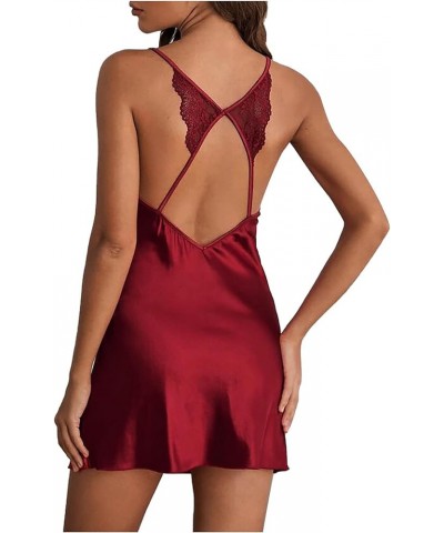 Women's Lingerie, Sleep & Lounge,Sexy Lace Satin Backless Teddy Babydoll Chemise Hollow Out Sling Nighties Wine $8.49 Bodysuits