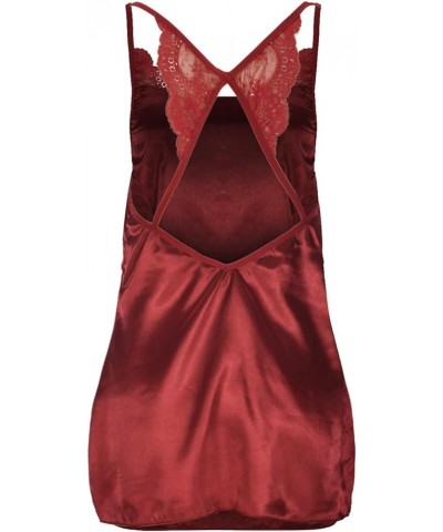 Women's Lingerie, Sleep & Lounge,Sexy Lace Satin Backless Teddy Babydoll Chemise Hollow Out Sling Nighties Wine $8.49 Bodysuits