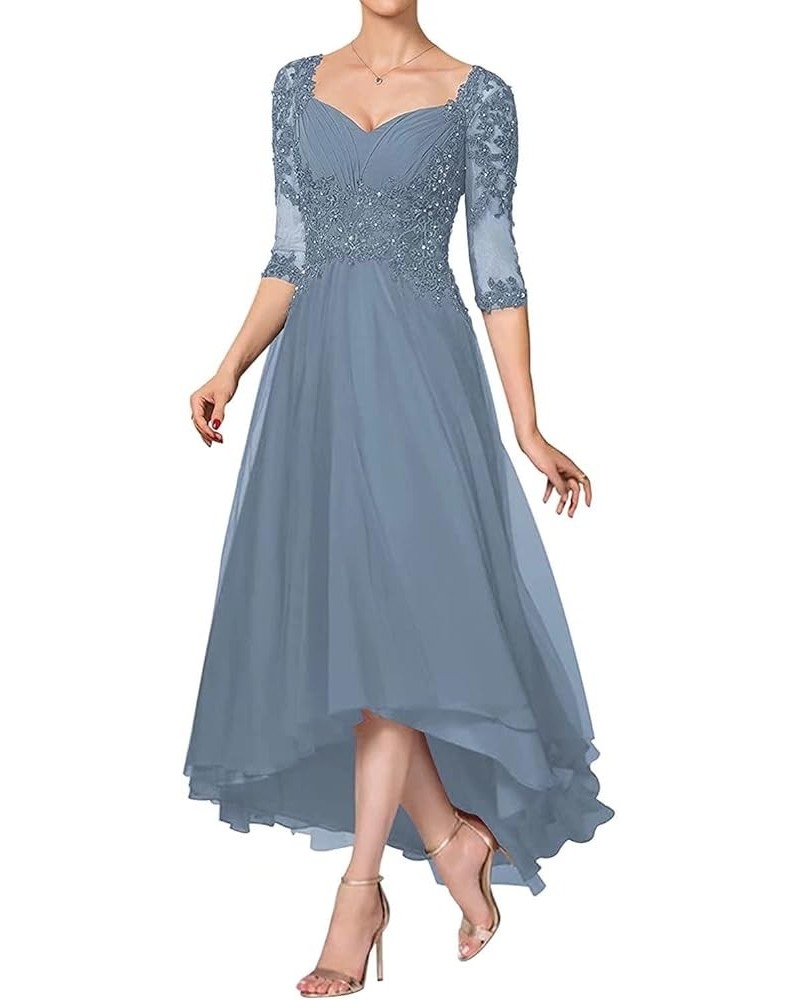 Mother of The Bride Dresses Tea Length for Wedding, Elegant Hi Low Formal Mother of The Groom Dresses with Sleeves Dusty Blue...