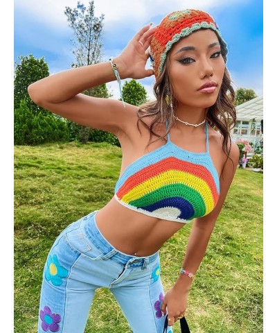 Women's Backless Rainbow Striped Halter Tie Back Tops Sleeveless Knit Crop Top Blue Rainbow $10.50 Tanks