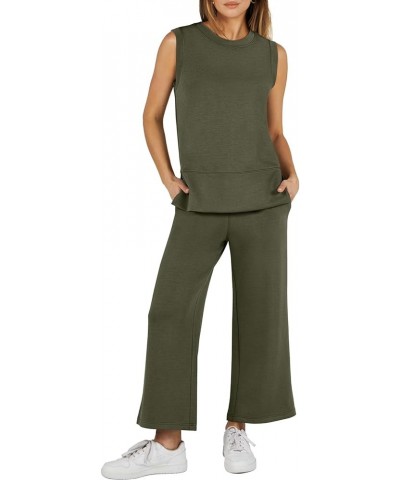 Women's 2 Piece Outfits Summer Outfits Sleeveless Wide Leg Jumpsuits Casual Lounge Sets Army Green $16.80 Jumpsuits