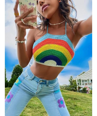 Women's Backless Rainbow Striped Halter Tie Back Tops Sleeveless Knit Crop Top Blue Rainbow $10.50 Tanks