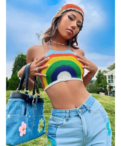 Women's Backless Rainbow Striped Halter Tie Back Tops Sleeveless Knit Crop Top Blue Rainbow $10.50 Tanks