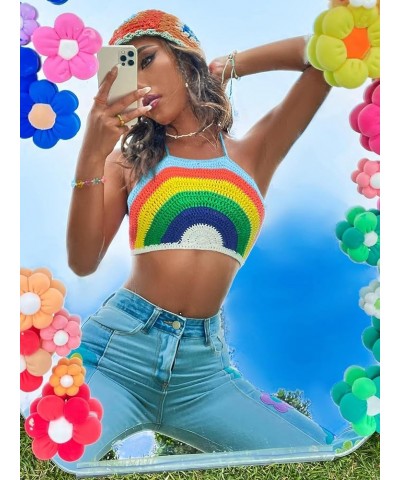 Women's Backless Rainbow Striped Halter Tie Back Tops Sleeveless Knit Crop Top Blue Rainbow $10.50 Tanks