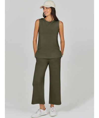 Women's 2 Piece Outfits Summer Outfits Sleeveless Wide Leg Jumpsuits Casual Lounge Sets Army Green $16.80 Jumpsuits