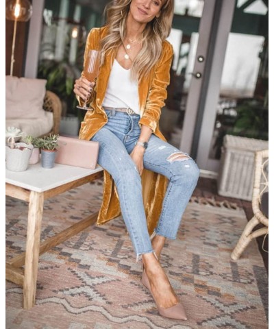 Women's Vintage Velvet Open Front Cardigan Blazer Suits Silky Loose Fit Long Jacket Coat Gold $12.59 Blazers