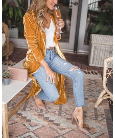 Women's Vintage Velvet Open Front Cardigan Blazer Suits Silky Loose Fit Long Jacket Coat Gold $12.59 Blazers