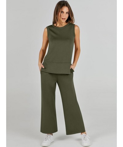 Women's 2 Piece Outfits Summer Outfits Sleeveless Wide Leg Jumpsuits Casual Lounge Sets Army Green $16.80 Jumpsuits