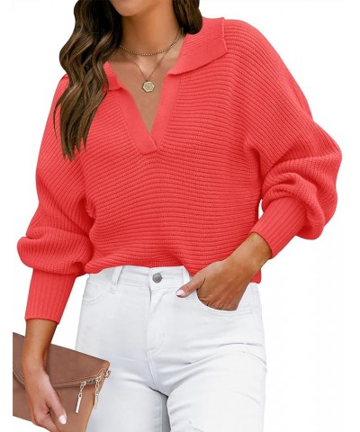 Women's 2024 Fall Lapel Collar V Neck Long Sleeve Ribbed Knit Comfy Loose Casual Pullover Sweater Jumper Top Watermelon $20.9...