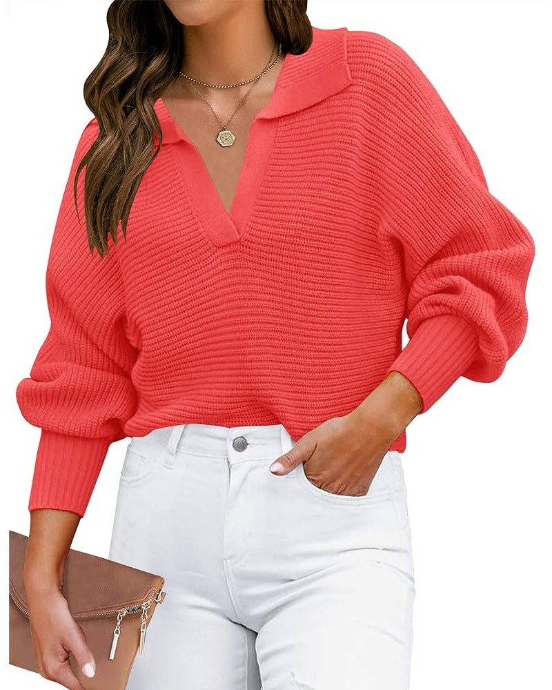 Women's 2024 Fall Lapel Collar V Neck Long Sleeve Ribbed Knit Comfy Loose Casual Pullover Sweater Jumper Top Watermelon $20.9...