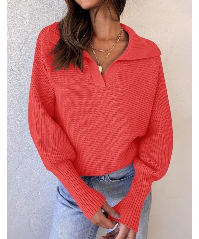 Women's 2024 Fall Lapel Collar V Neck Long Sleeve Ribbed Knit Comfy Loose Casual Pullover Sweater Jumper Top Watermelon $20.9...