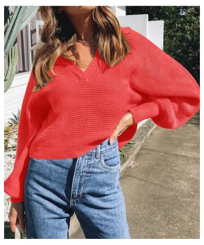 Women's 2024 Fall Lapel Collar V Neck Long Sleeve Ribbed Knit Comfy Loose Casual Pullover Sweater Jumper Top Watermelon $20.9...