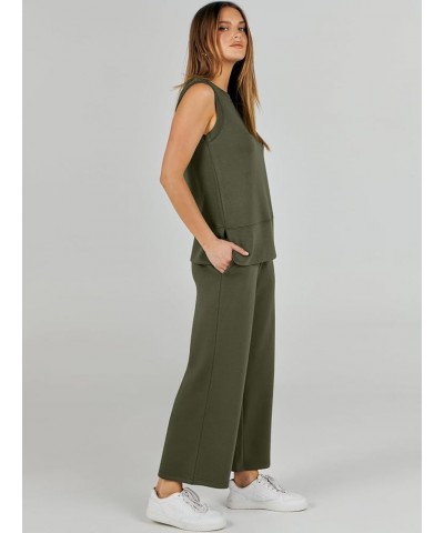 Women's 2 Piece Outfits Summer Outfits Sleeveless Wide Leg Jumpsuits Casual Lounge Sets Army Green $16.80 Jumpsuits