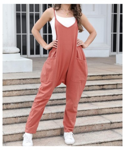 Womens Casual Sleeveless Strap Loose Solid Jumpsuits Baggy Stretchy Long Pants Zipper Romper Overalls with Pockets(Medium,Ora...