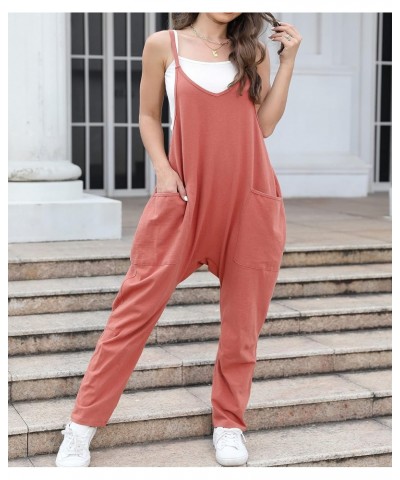 Womens Casual Sleeveless Strap Loose Solid Jumpsuits Baggy Stretchy Long Pants Zipper Romper Overalls with Pockets(Medium,Ora...