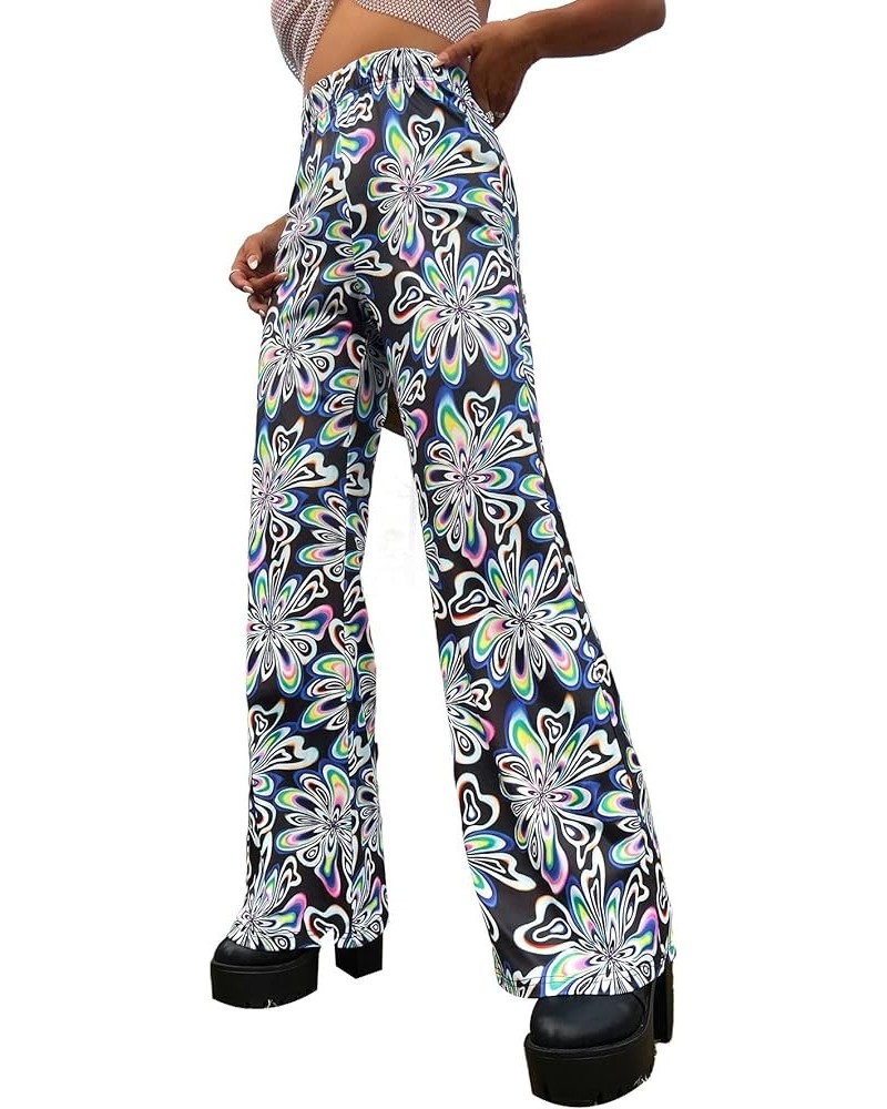 Women's Floral Print Elastic Waist Flare Leg Pants Stretchy Casual Long Pants Multi Floral $20.05 Pants