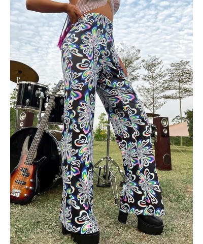 Women's Floral Print Elastic Waist Flare Leg Pants Stretchy Casual Long Pants Multi Floral $20.05 Pants