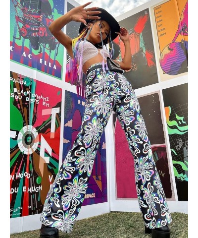 Women's Floral Print Elastic Waist Flare Leg Pants Stretchy Casual Long Pants Multi Floral $20.05 Pants