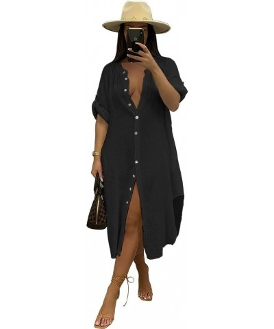 Women's Button Down Maxi Shirts and Oversized Shirt Dress-Linen Split Dresses Side Slit Z-black $15.40 Dresses