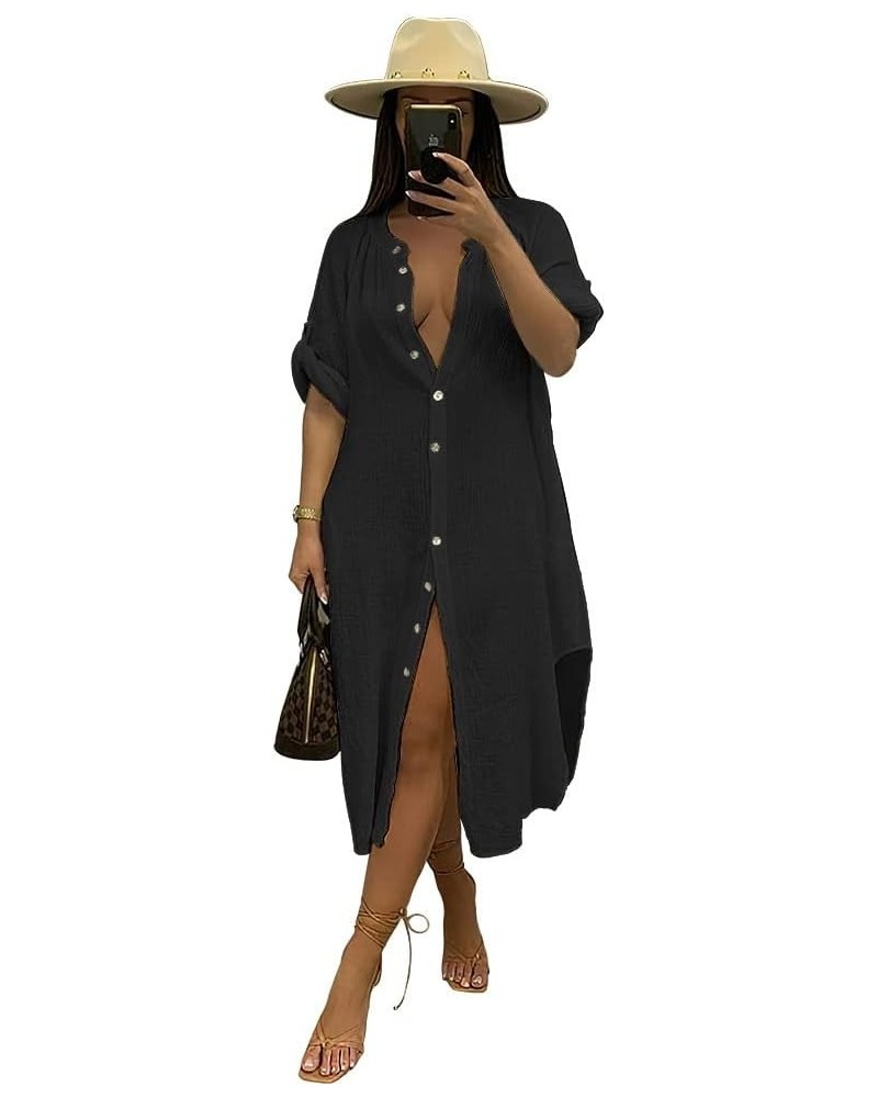 Women's Button Down Maxi Shirts and Oversized Shirt Dress-Linen Split Dresses Side Slit Z-black $15.40 Dresses