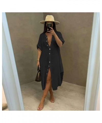 Women's Button Down Maxi Shirts and Oversized Shirt Dress-Linen Split Dresses Side Slit Z-black $15.40 Dresses