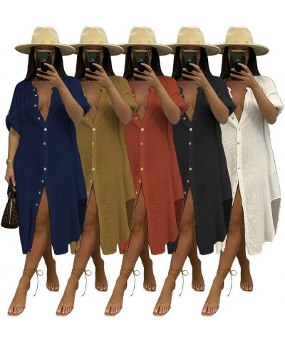 Women's Button Down Maxi Shirts and Oversized Shirt Dress-Linen Split Dresses Side Slit Z-black $15.40 Dresses