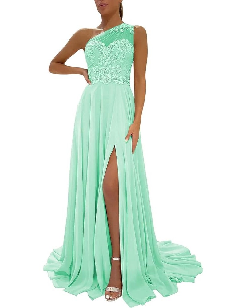 Women's One Shoulder Lace Applique Prom Dresses with Slit Chiffon Long Formal Gowns and Evening Dresses Mint Green $46.74 Dre...