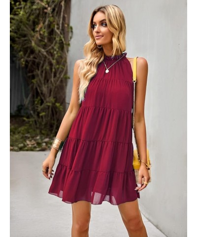 Women's Casual Sleeveless Mini Dress Halter Neck Summer Beach Dresses Backless Solid Flowy Tiered Short Dress Red $13.24 Dresses