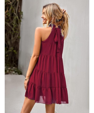 Women's Casual Sleeveless Mini Dress Halter Neck Summer Beach Dresses Backless Solid Flowy Tiered Short Dress Red $13.24 Dresses