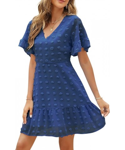 Women's Cute Swiss Dot Dress V-Neck Ruffle Short Sleeve Summer Casual Flowy Shift Mini Dresses Navy Blue $23.98 Dresses