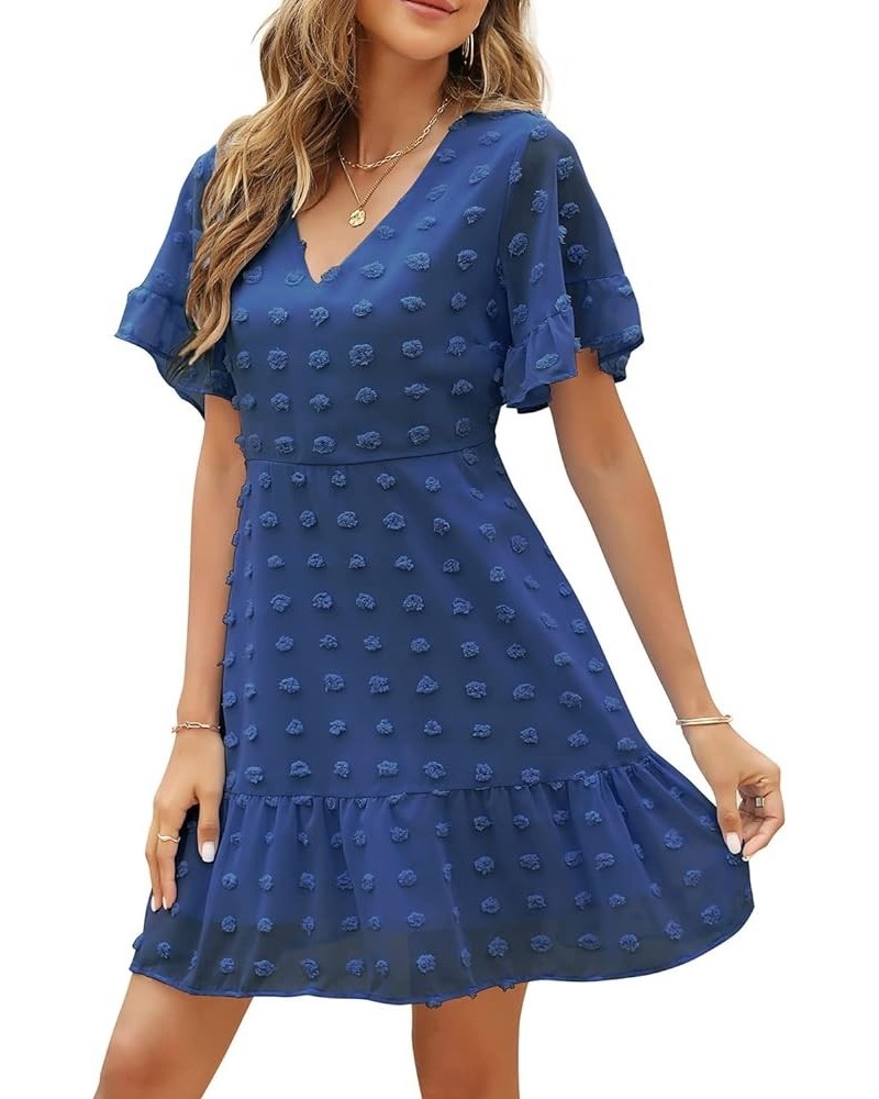 Women's Cute Swiss Dot Dress V-Neck Ruffle Short Sleeve Summer Casual Flowy Shift Mini Dresses Navy Blue $23.98 Dresses