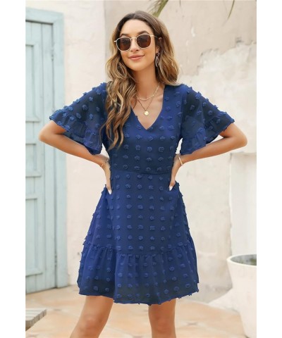 Women's Cute Swiss Dot Dress V-Neck Ruffle Short Sleeve Summer Casual Flowy Shift Mini Dresses Navy Blue $23.98 Dresses