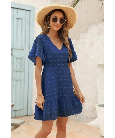 Women's Cute Swiss Dot Dress V-Neck Ruffle Short Sleeve Summer Casual Flowy Shift Mini Dresses Navy Blue $23.98 Dresses