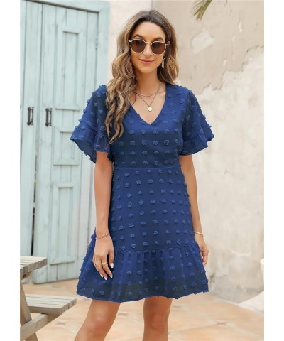 Women's Cute Swiss Dot Dress V-Neck Ruffle Short Sleeve Summer Casual Flowy Shift Mini Dresses Navy Blue $23.98 Dresses