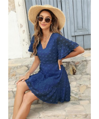 Women's Cute Swiss Dot Dress V-Neck Ruffle Short Sleeve Summer Casual Flowy Shift Mini Dresses Navy Blue $23.98 Dresses