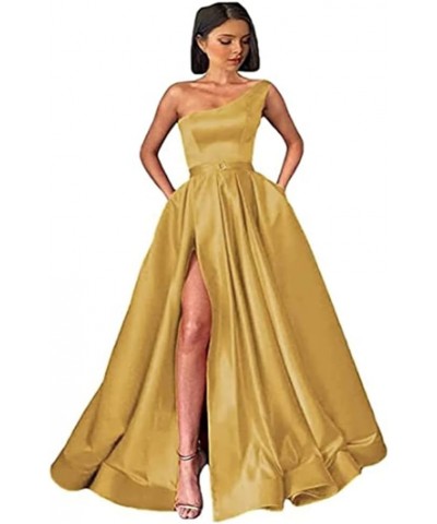 One Shoulder A-Line Satin Party Gowns Prom Dresses Long Formal Evening Dress with Split Gold $40.79 Dresses