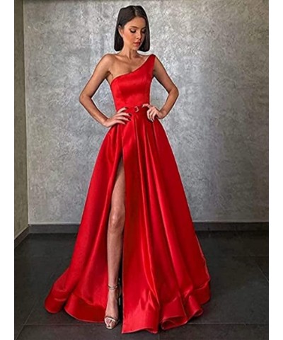 One Shoulder A-Line Satin Party Gowns Prom Dresses Long Formal Evening Dress with Split Gold $40.79 Dresses