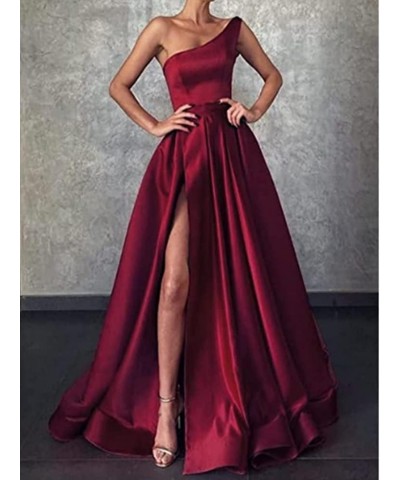 One Shoulder A-Line Satin Party Gowns Prom Dresses Long Formal Evening Dress with Split Gold $40.79 Dresses