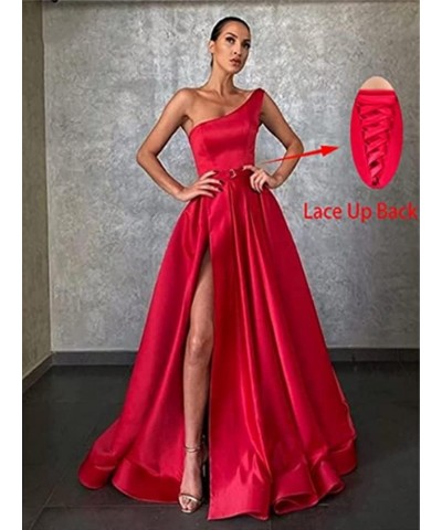 One Shoulder A-Line Satin Party Gowns Prom Dresses Long Formal Evening Dress with Split Gold $40.79 Dresses