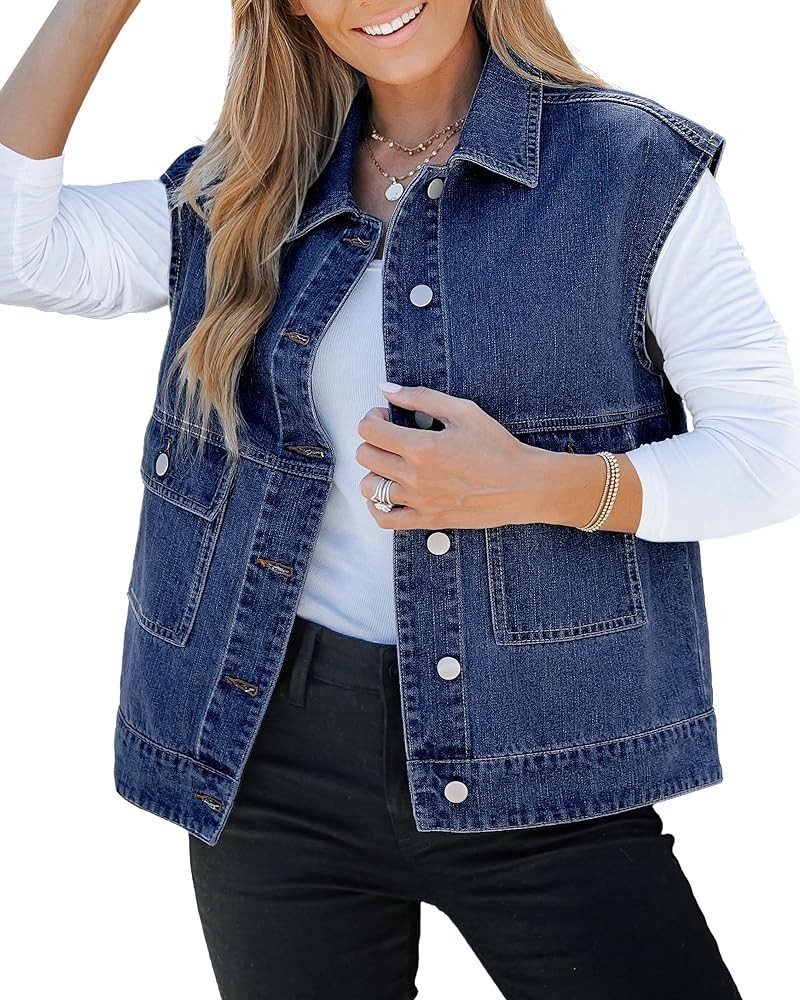 Denim for Women Oversized Button Down Sleeveless Jean Jacket Fashion Casual Western Outerwear with Pockets Darkness Blue $23....