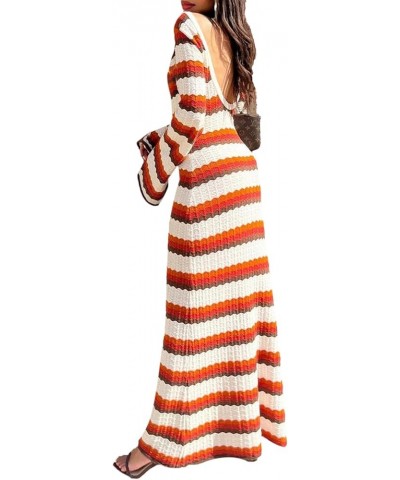 Women Ribbed Knit Long Sleeve Maxi Dress Crew Neck Bodycon Pencil Long Dress Tie Waist Dress Clubwear Stripe $12.90 Dresses