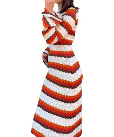 Women Ribbed Knit Long Sleeve Maxi Dress Crew Neck Bodycon Pencil Long Dress Tie Waist Dress Clubwear Stripe $12.90 Dresses