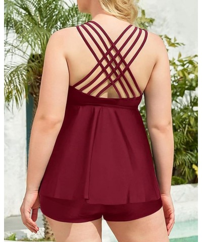 Plus Size Swimsuits with Shorts Two Piece Tankini for Women Flowy Bathing Suits Athletic Swimwear Wine Red $18.00 Swimsuits