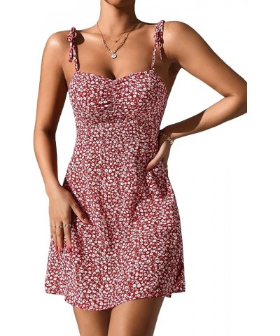 Women's Floral Print Tie Shoulder Sleeveless Dress Slit Hem Summer A Line Mini Dress Red and White $17.39 Dresses