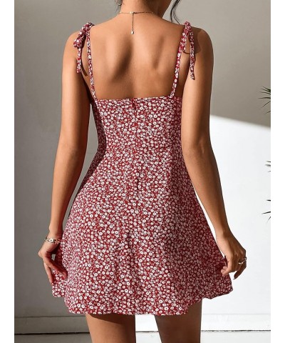 Women's Floral Print Tie Shoulder Sleeveless Dress Slit Hem Summer A Line Mini Dress Red and White $17.39 Dresses