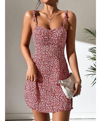 Women's Floral Print Tie Shoulder Sleeveless Dress Slit Hem Summer A Line Mini Dress Red and White $17.39 Dresses