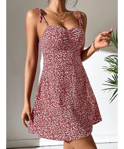 Women's Floral Print Tie Shoulder Sleeveless Dress Slit Hem Summer A Line Mini Dress Red and White $17.39 Dresses