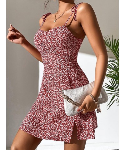 Women's Floral Print Tie Shoulder Sleeveless Dress Slit Hem Summer A Line Mini Dress Red and White $17.39 Dresses