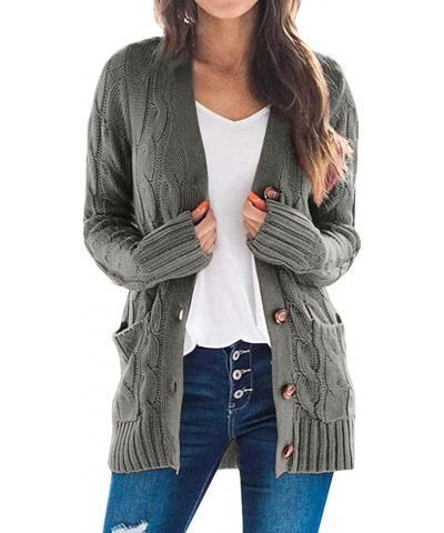 Women Button Down Knit Cardigan Solid Long Sleeve Sweater Open Front Jacket With Pocket Fall Winter Chunky Warm Coat Grey $21...